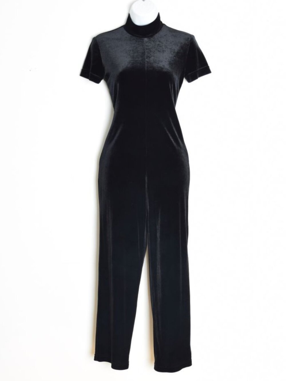 vintage 90s jumpsuit black stretch velvet tapered leg catsuit romper outfit XS S